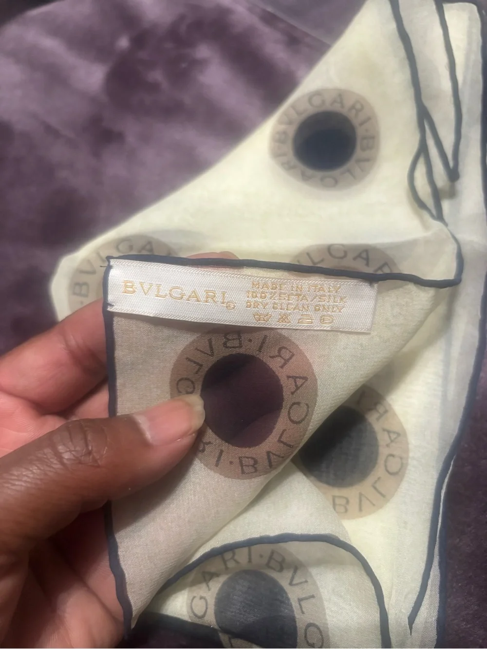 Bvlgari Cream Scarf with Beige Rings and  Navy Centers.  Cream Navy & Taupe